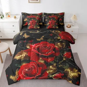 Erosebridal Red Rose Bedding Set,Romantic Rose Flowers Bed in A Bag Happy Valentine's Day Queen Comforter Set 7 Piece Golden Butterfly Botanical Leaves Bed Set for Teen Adults Men Women