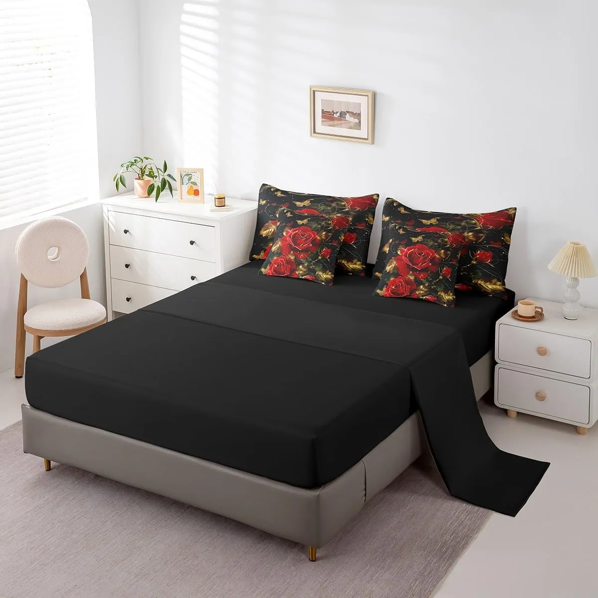 Erosebridal Red Rose Bedding Set,Romantic Rose Flowers Bed in A Bag Happy Valentine's Day Queen Comforter Set 7 Piece Golden Butterfly Botanical Leaves Bed Set for Teen Adults Men Women