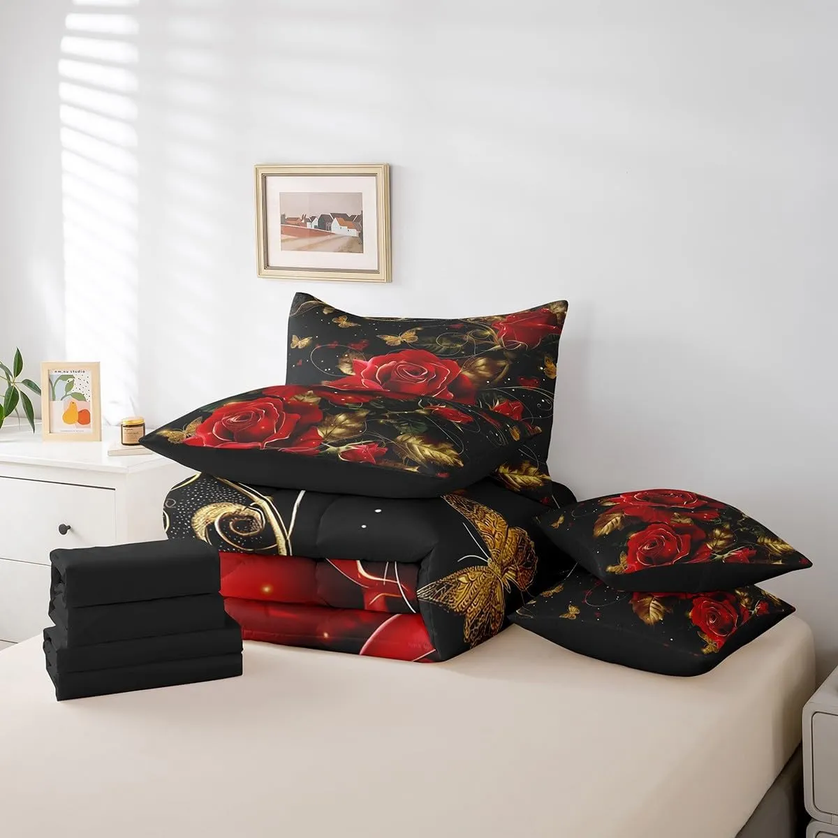 Erosebridal Red Rose Bedding Set,Romantic Rose Flowers Bed in A Bag Happy Valentine's Day Queen Comforter Set 7 Piece Golden Butterfly Botanical Leaves Bed Set for Teen Adults Men Women