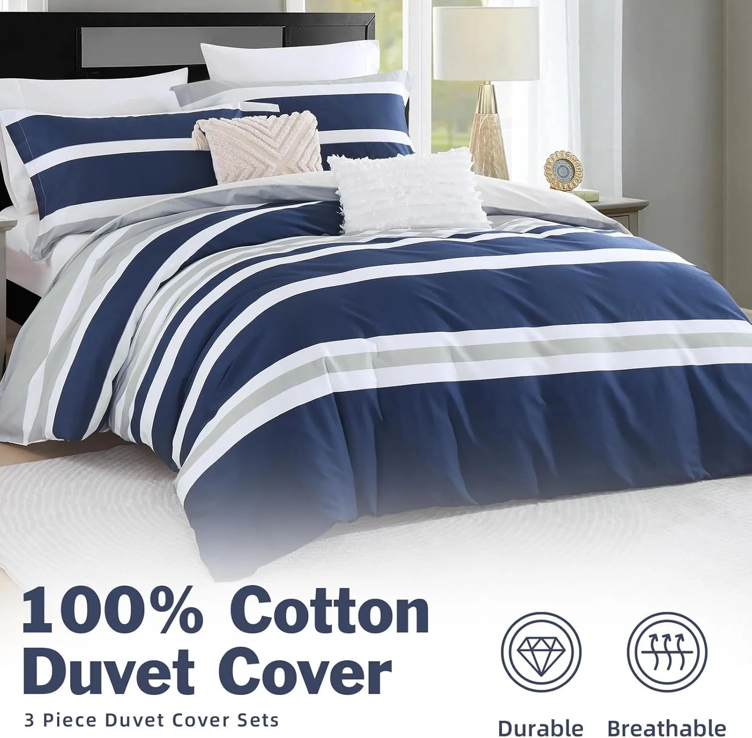 EWlinens Cotton Duvet Cover King Size - Navy Blue Striped Duvet Cover Set with Zipper Closure, 3 Pieces Soft Breathable Bedding, 1 Duvet Cover 104"x90" with Corner Ties and Pillowshams (No Comforter)