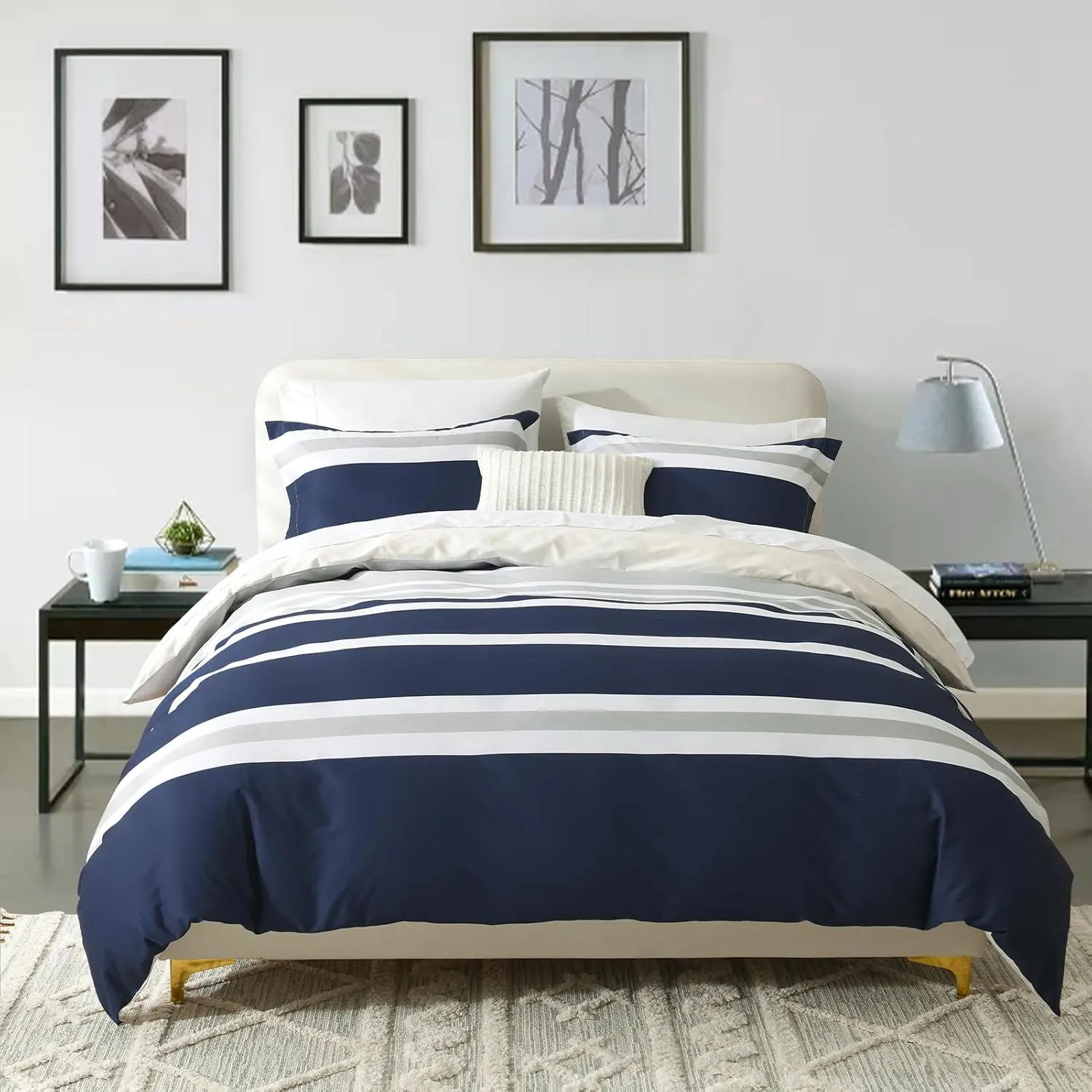 EWlinens Cotton Duvet Cover King Size - Navy Blue Striped Duvet Cover Set with Zipper Closure, 3 Pieces Soft Breathable Bedding, 1 Duvet Cover 104"x90" with Corner Ties and Pillowshams (No Comforter)