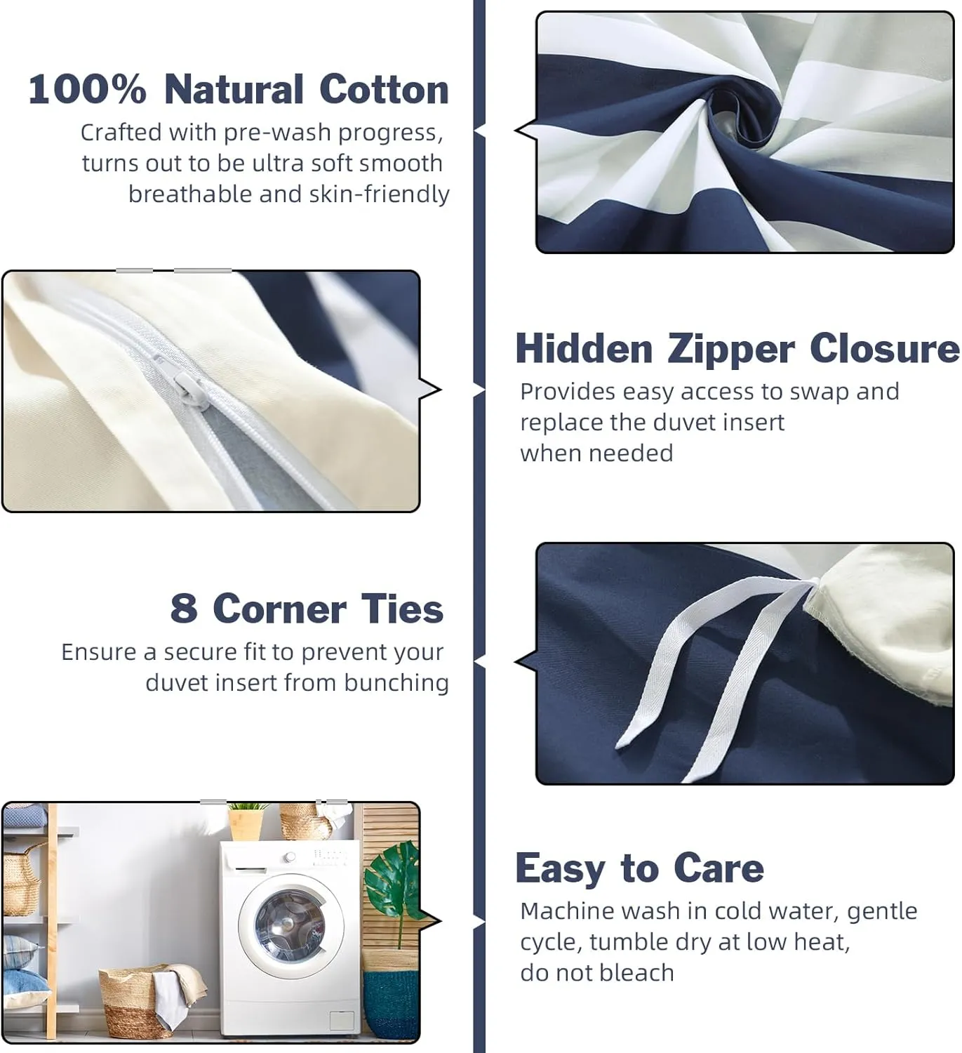 EWlinens Cotton Duvet Cover King Size - Navy Blue Striped Duvet Cover Set with Zipper Closure, 3 Pieces Soft Breathable Bedding, 1 Duvet Cover 104"x90" with Corner Ties and Pillowshams (No Comforter)