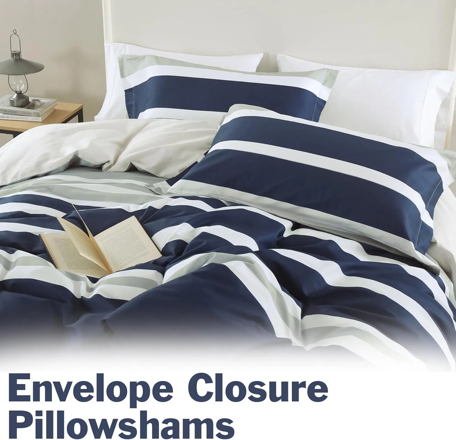 EWlinens Cotton Duvet Cover King Size - Navy Blue Striped Duvet Cover Set with Zipper Closure, 3 Pieces Soft Breathable Bedding, 1 Duvet Cover 104"x90" with Corner Ties and Pillowshams (No Comforter)