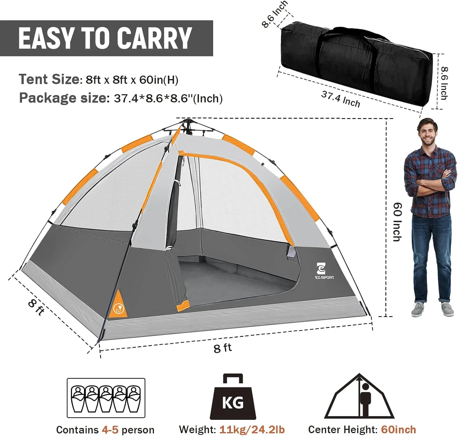 EZ-Sport Pop Up Camping Tent - 4 Person Instant Easy Set Up Family Tent with Removable Rain Fly, Waterproof Windproof Automatic Tent for Outdoor Camping Hiking Backpacking Traveling