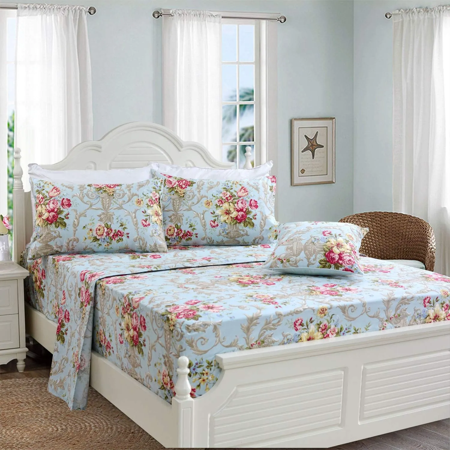 FADFAY Shabby Floral Bedding Elegant Peony Sheets Set Luxury Bedding Collections 100% Egyptian Cotton Deep Pocket, 4 Piece-King Size