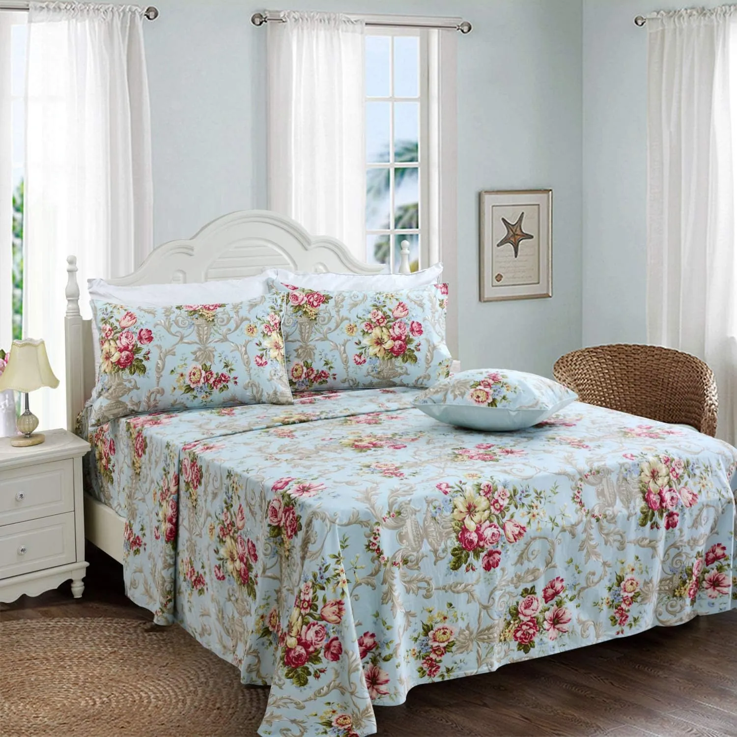 FADFAY Shabby Floral Bedding Elegant Peony Sheets Set Luxury Bedding Collections 100% Egyptian Cotton Deep Pocket, 4 Piece-King Size