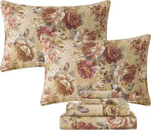 FADFAY Sheets Set Full Tan Peony Floral Bed Sheet Set Vintage Farmhouse Bedding 100% Cotton Ultra Soft Breathable Bedding with Deep Pocket Fitted Sheet 4Pcs, Full Size