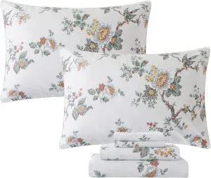 FADFAY Sheets Set Twin Elegant Floral Bedding Shabby Beige Bird Print Flower Bed Sheet Set Vintage Farmhouse Bedding 100% Cotton Ultra Soft Girls Bedding with Deep Pocket Fitted Sheet 4Pcs, Twin Size