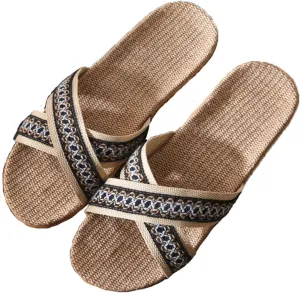 Fashion Neutral Linen Summer Beach Shoes Non-Slip Indoor Slippers (Color : Black, Size : 11/12)