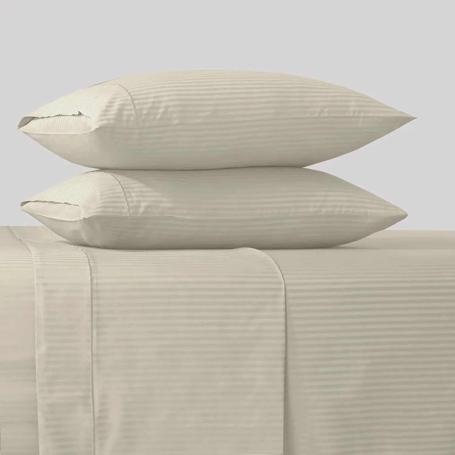 Feather & Stitch 500 TC King Size Damask Bed Sheet Set, 100% Cotton Soft Breathable Bedsheets, 4 Piece 18" Deep Pockets Sateen Weave Striped Bedding Mattress Resort Hotel Luxury- (Beige, King)