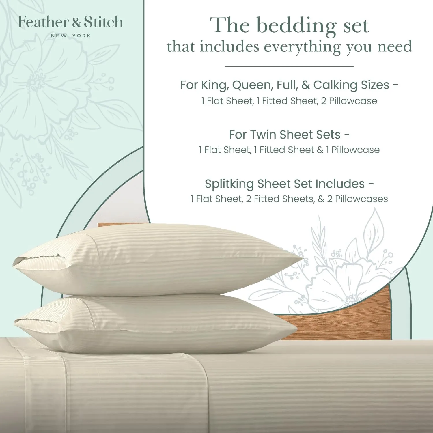 Feather & Stitch 500 TC King Size Damask Bed Sheet Set, 100% Cotton Soft Breathable Bedsheets, 4 Piece 18" Deep Pockets Sateen Weave Striped Bedding Mattress Resort Hotel Luxury- (Beige, King)