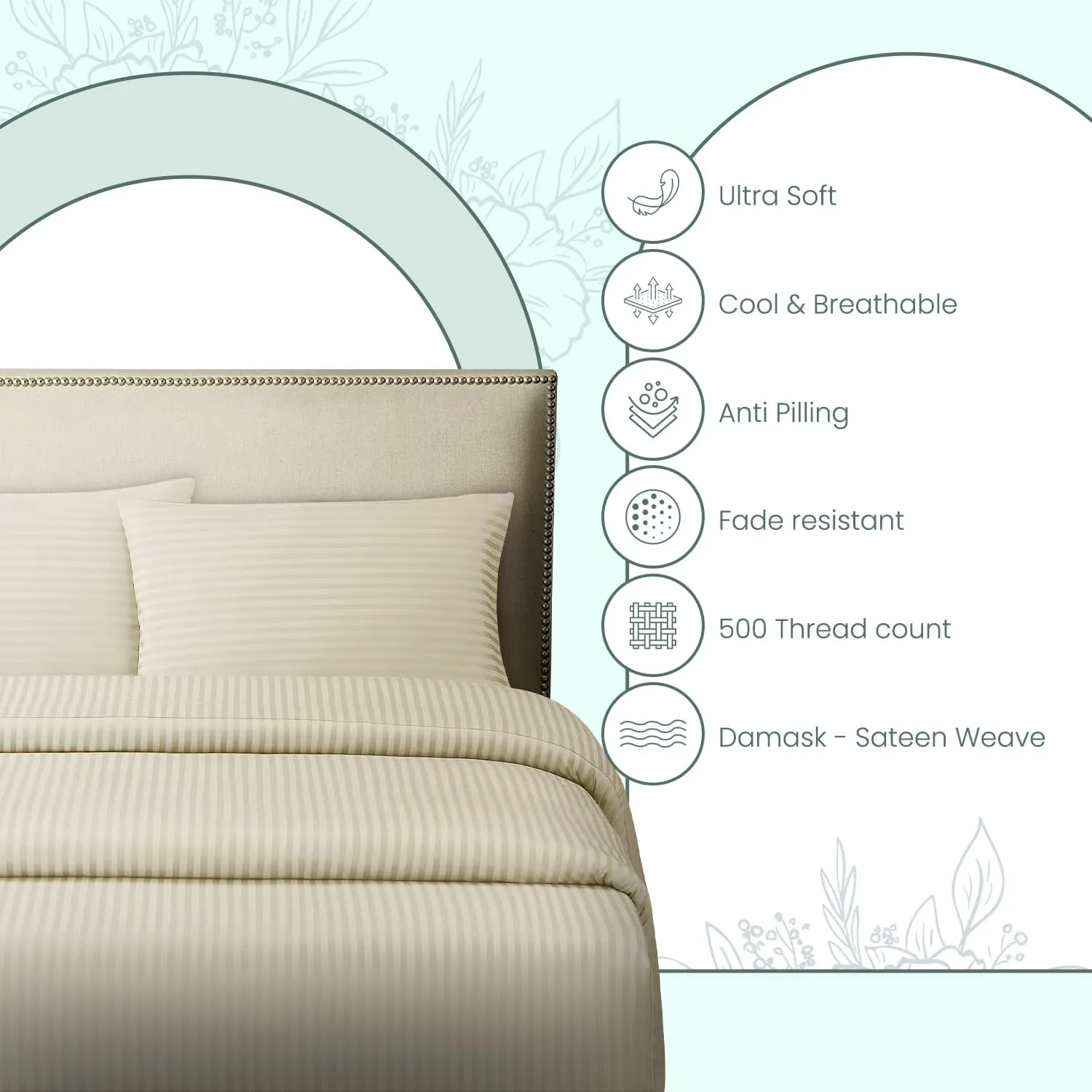 Feather & Stitch 500 TC King Size Damask Bed Sheet Set, 100% Cotton Soft Breathable Bedsheets, 4 Piece 18" Deep Pockets Sateen Weave Striped Bedding Mattress Resort Hotel Luxury- (Beige, King)