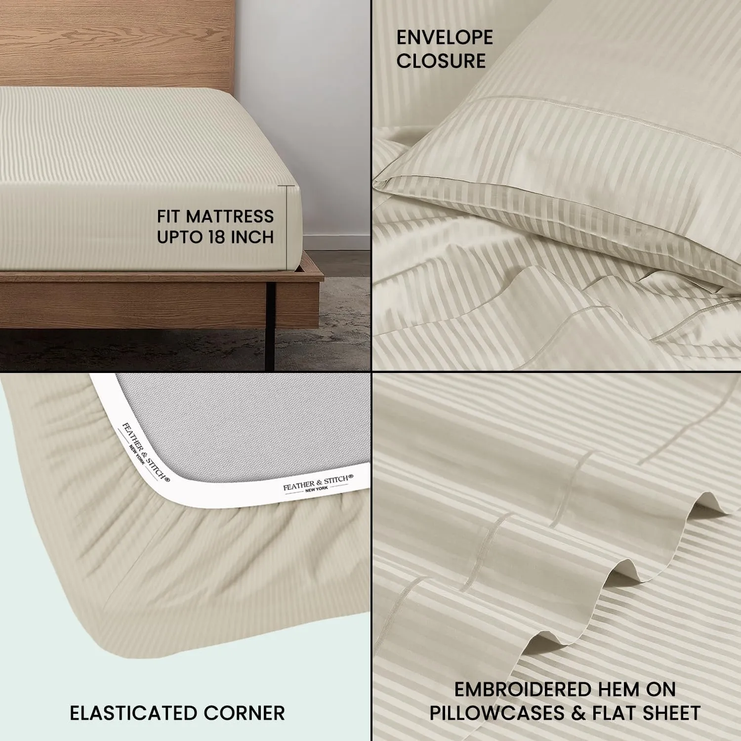 Feather & Stitch 500 TC King Size Damask Bed Sheet Set, 100% Cotton Soft Breathable Bedsheets, 4 Piece 18" Deep Pockets Sateen Weave Striped Bedding Mattress Resort Hotel Luxury- (Beige, King)
