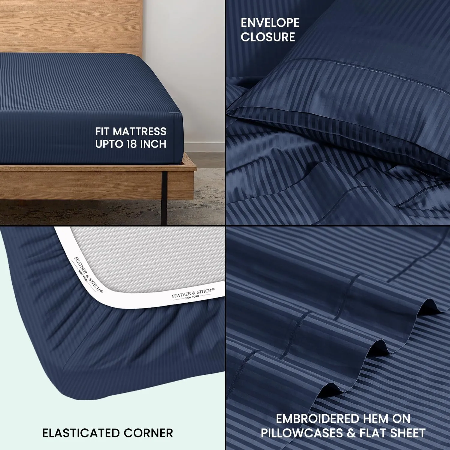 Feather & Stitch 500 TC King Size Damask Bed Sheet Set, 100% Cotton Soft Breathable Bedsheets, 4 Piece 18" Deep Pockets Sateen Weave Striped Bedding Mattress Resort Hotel Luxury- (Dark Blue, King)