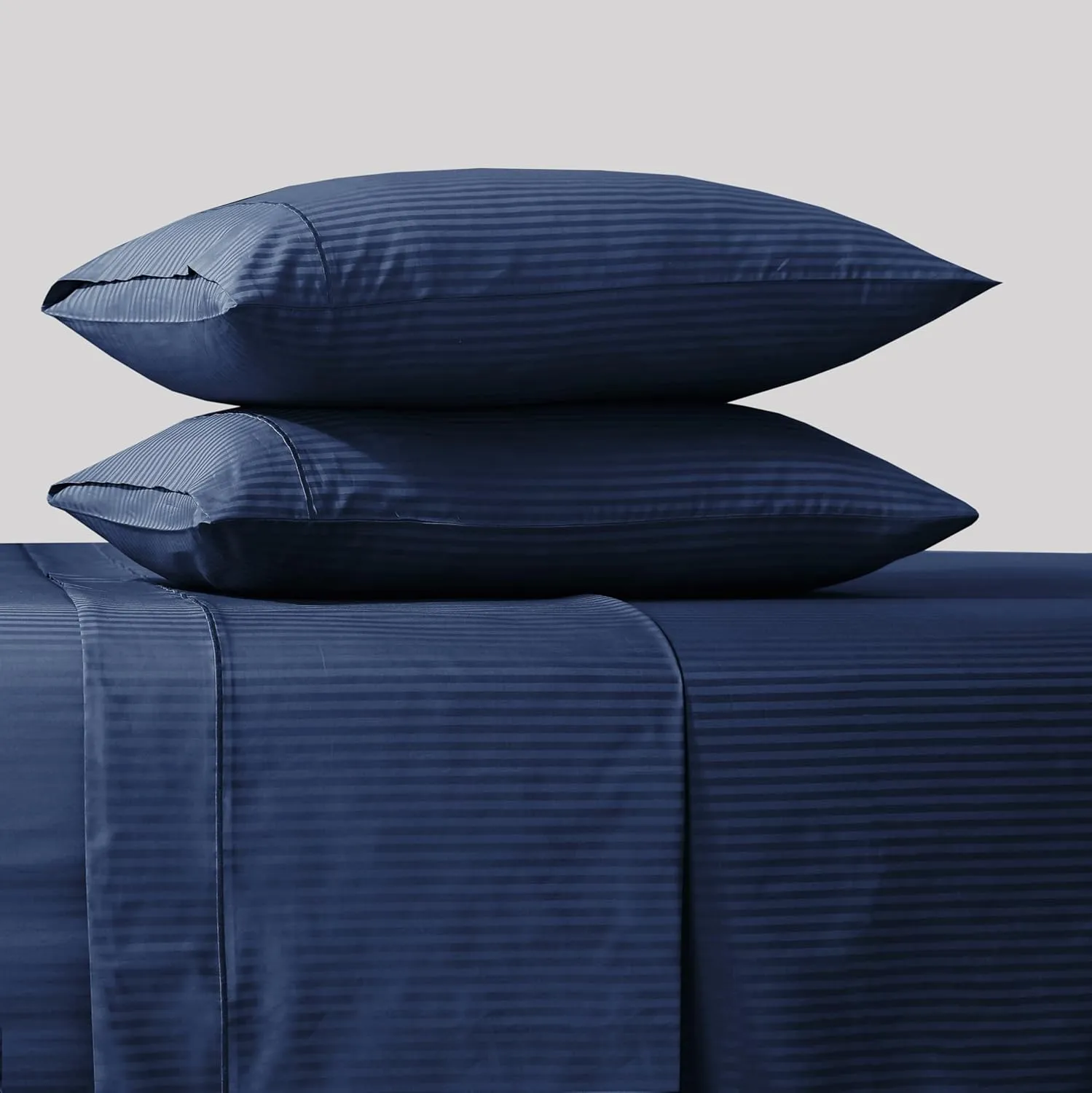 Feather & Stitch 500 TC King Size Damask Bed Sheet Set, 100% Cotton Soft Breathable Bedsheets, 4 Piece 18" Deep Pockets Sateen Weave Striped Bedding Mattress Resort Hotel Luxury- (Dark Blue, King)