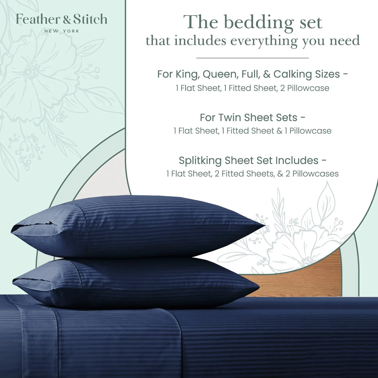 Feather & Stitch 500 TC King Size Damask Bed Sheet Set, 100% Cotton Soft Breathable Bedsheets, 4 Piece 18" Deep Pockets Sateen Weave Striped Bedding Mattress Resort Hotel Luxury- (Dark Blue, King)