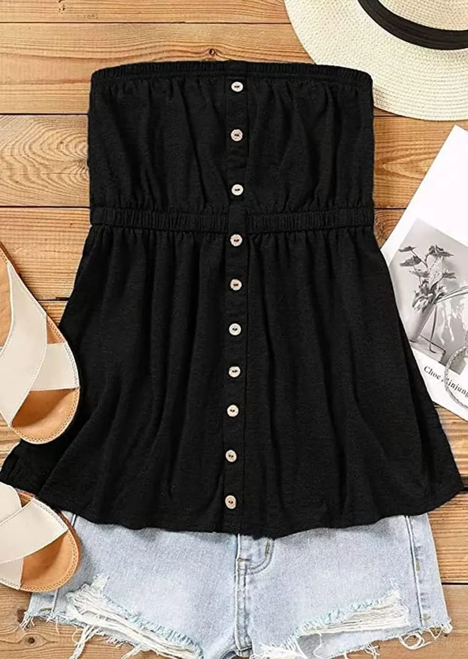 FECAFO Button Strapless Bandeau Tank Women Sleeveless Backless Tube Tops Pleated Summer Casual Holiday Tanks Shirt Blouse