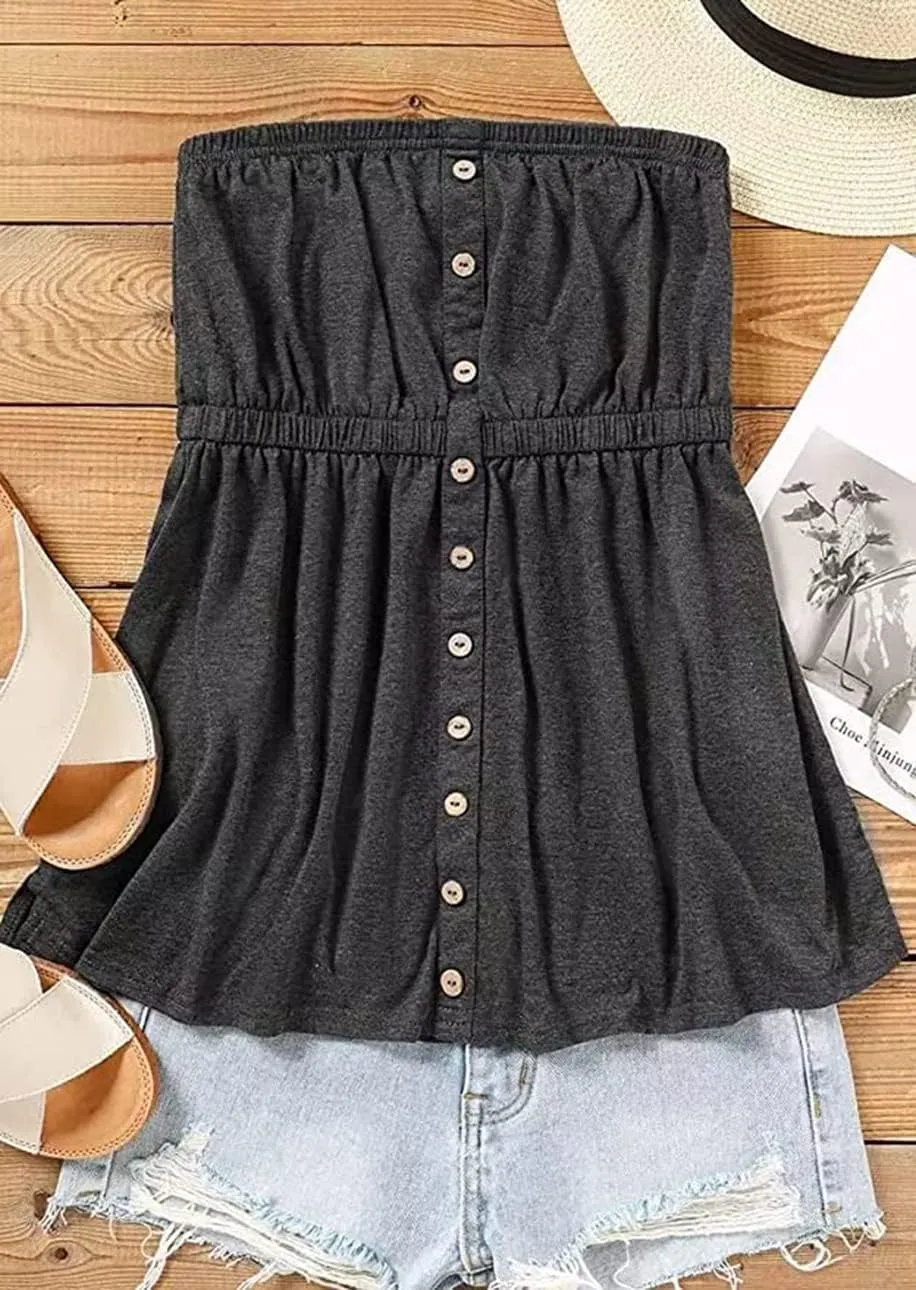 FECAFO Button Strapless Bandeau Tank Women Sleeveless Backless Tube Tops Pleated Summer Casual Holiday Tanks Shirt Blouse