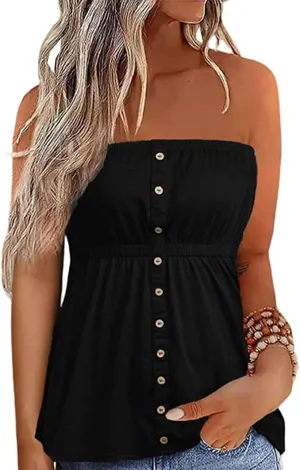 FECAFO Button Strapless Bandeau Tank Women Sleeveless Backless Tube Tops Pleated Summer Casual Holiday Tanks Shirt Blouse
