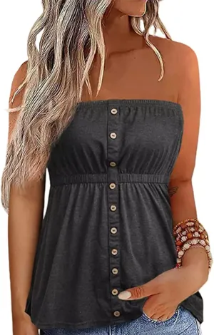 FECAFO Button Strapless Bandeau Tank Women Sleeveless Backless Tube Tops Pleated Summer Casual Holiday Tanks Shirt Blouse