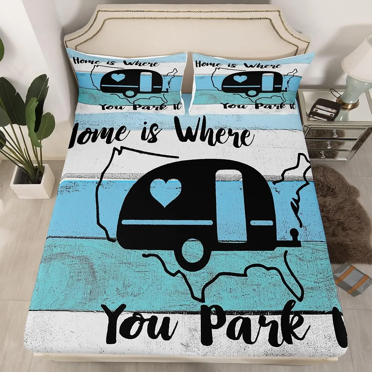 Feelyou Camper Bed Sheet Set Happy Camping Bedding Set RV Camping Fitted Sheet American Map Blue Flat Sheet for Kids Boys Girls Adults 3Pcs with 1 Pillow Case Twin