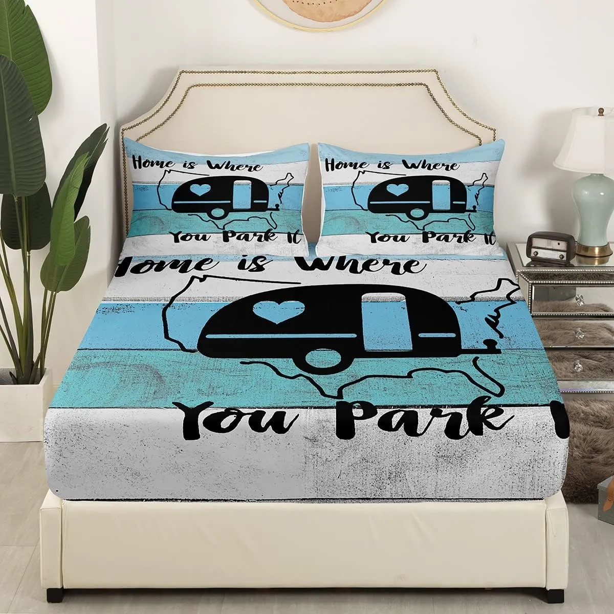 Feelyou Camper Bed Sheet Set Happy Camping Bedding Set RV Camping Fitted Sheet American Map Blue Flat Sheet for Kids Boys Girls Adults 3Pcs with 1 Pillow Case Twin