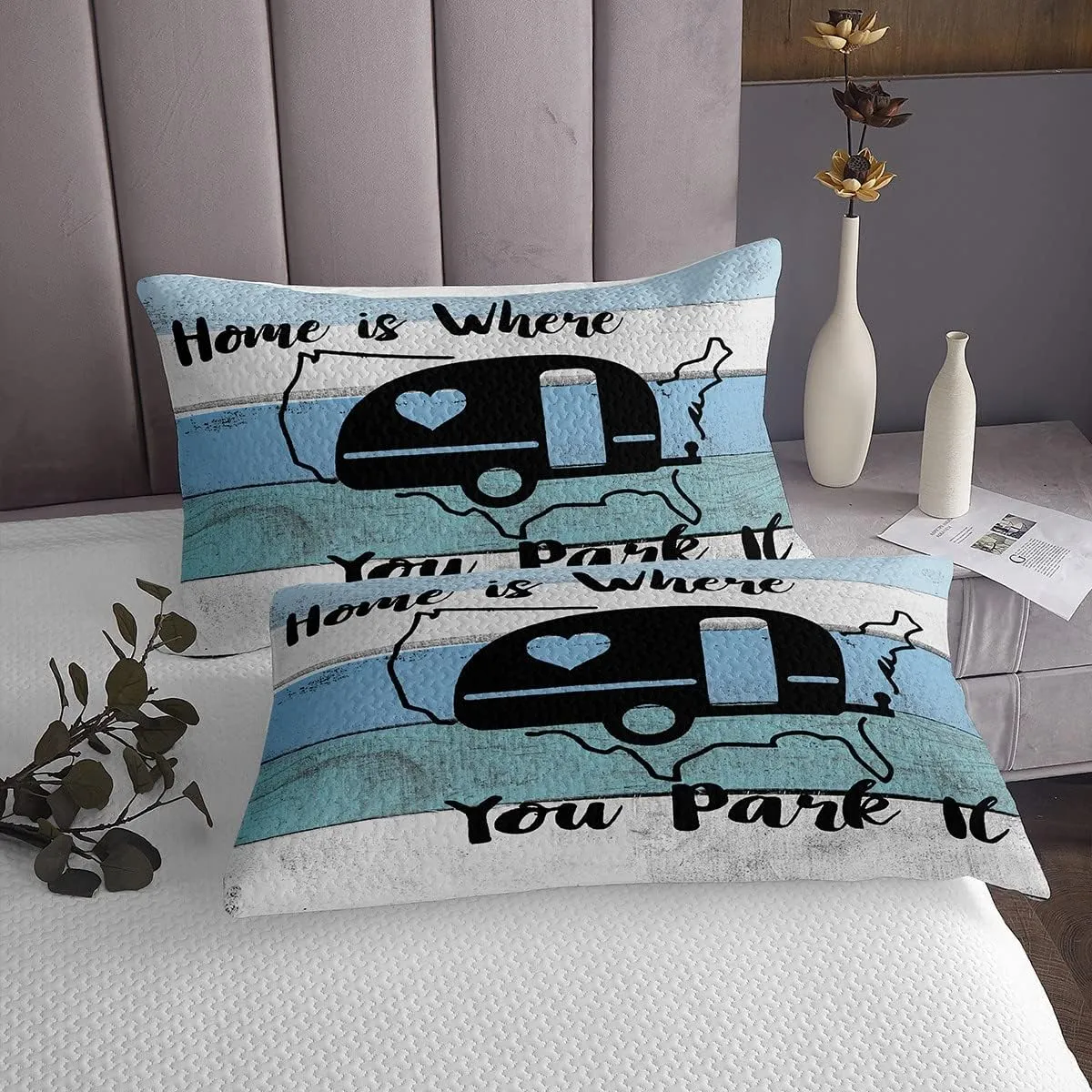 Feelyou Camper Bed Sheet Set Happy Camping Bedding Set RV Camping Fitted Sheet American Map Blue Flat Sheet for Kids Boys Girls Adults 3Pcs with 1 Pillow Case Twin