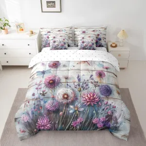 Feelyou Dragonfly Comforter Set 7 Pieces Queen Size Kids Dandelion Artichoke Bedding Set Farmhouse Vintage Wood Plank Bed Set Bed in a Bag with Comforter, Sheets, Pillowcases & Cushion Covers