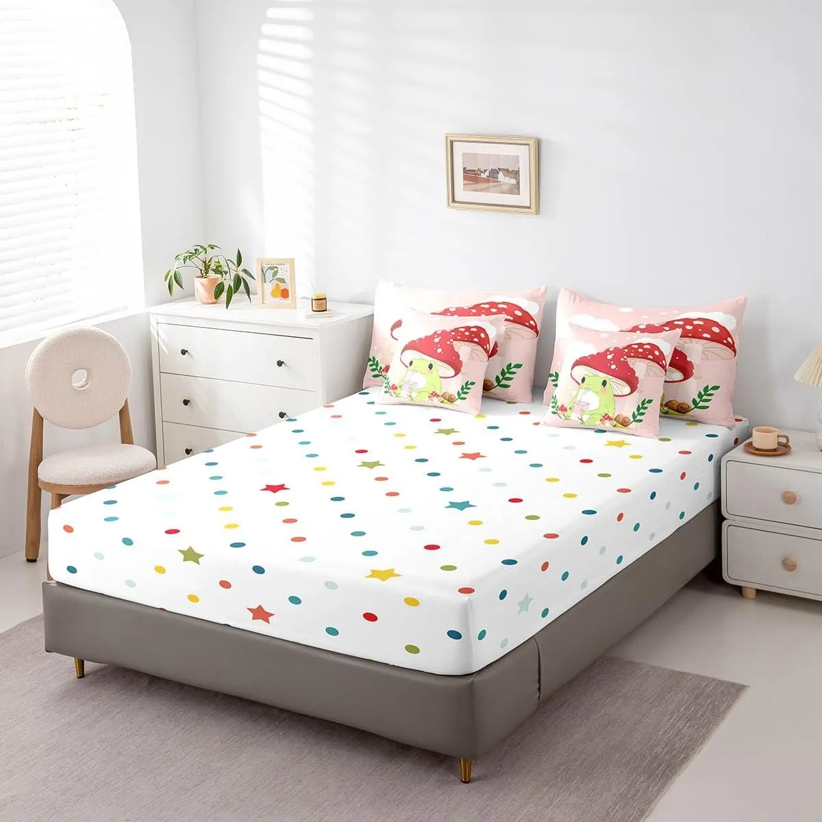 Feelyou Kids Cute Frog 7 PCS Comforter Set with Sheets King Size Boys Girls Red Mushroom Bed in a Bag Fungus Bed in a Bag with Comforter, Sheets, Pillowcases & Cushion Cover