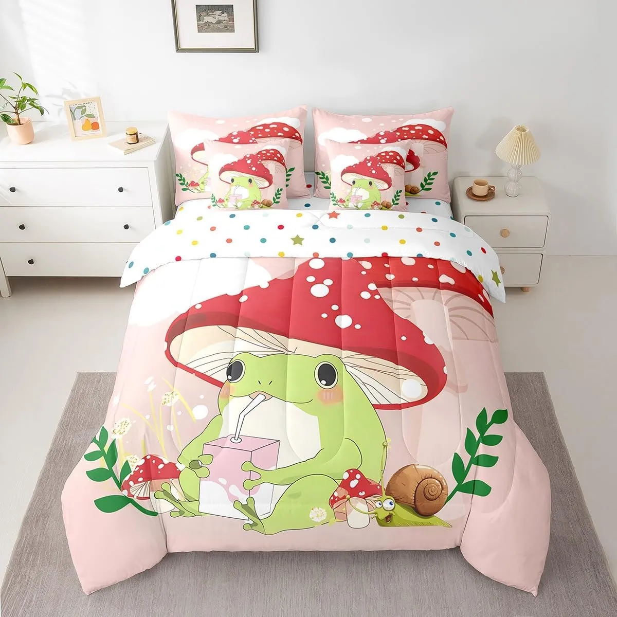 Feelyou Kids Cute Frog 7 PCS Comforter Set with Sheets King Size Boys Girls Red Mushroom Bed in a Bag Fungus Bed in a Bag with Comforter, Sheets, Pillowcases & Cushion Cover