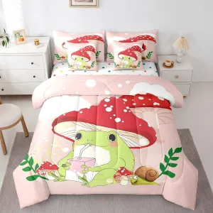 Feelyou Kids Cute Frog 7 PCS Comforter Set with Sheets King Size Boys Girls Red Mushroom Bed in a Bag Fungus Bed in a Bag with Comforter, Sheets, Pillowcases & Cushion Cover