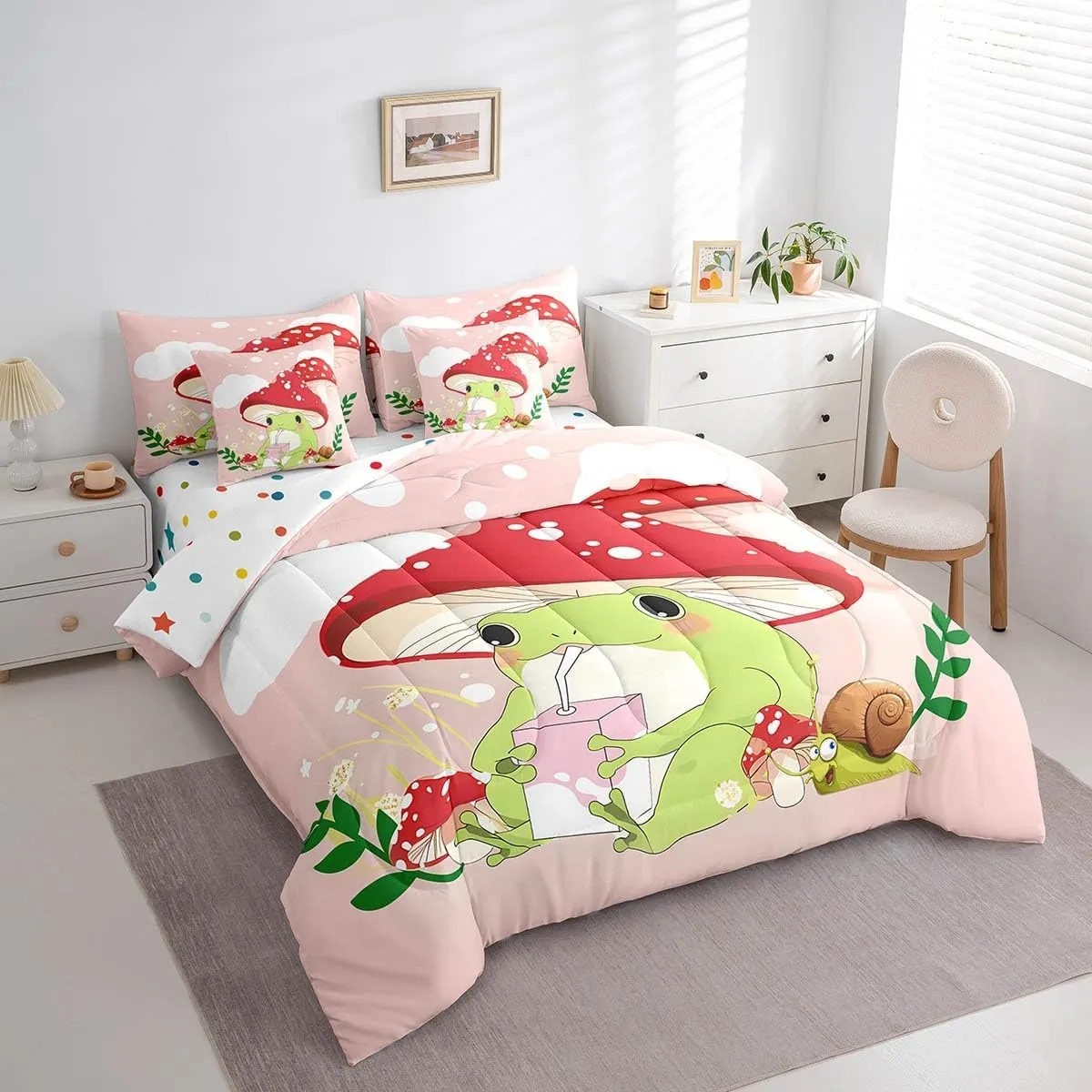 Feelyou Kids Cute Frog 7 PCS Comforter Set with Sheets King Size Boys Girls Red Mushroom Bed in a Bag Fungus Bed in a Bag with Comforter, Sheets, Pillowcases & Cushion Cover