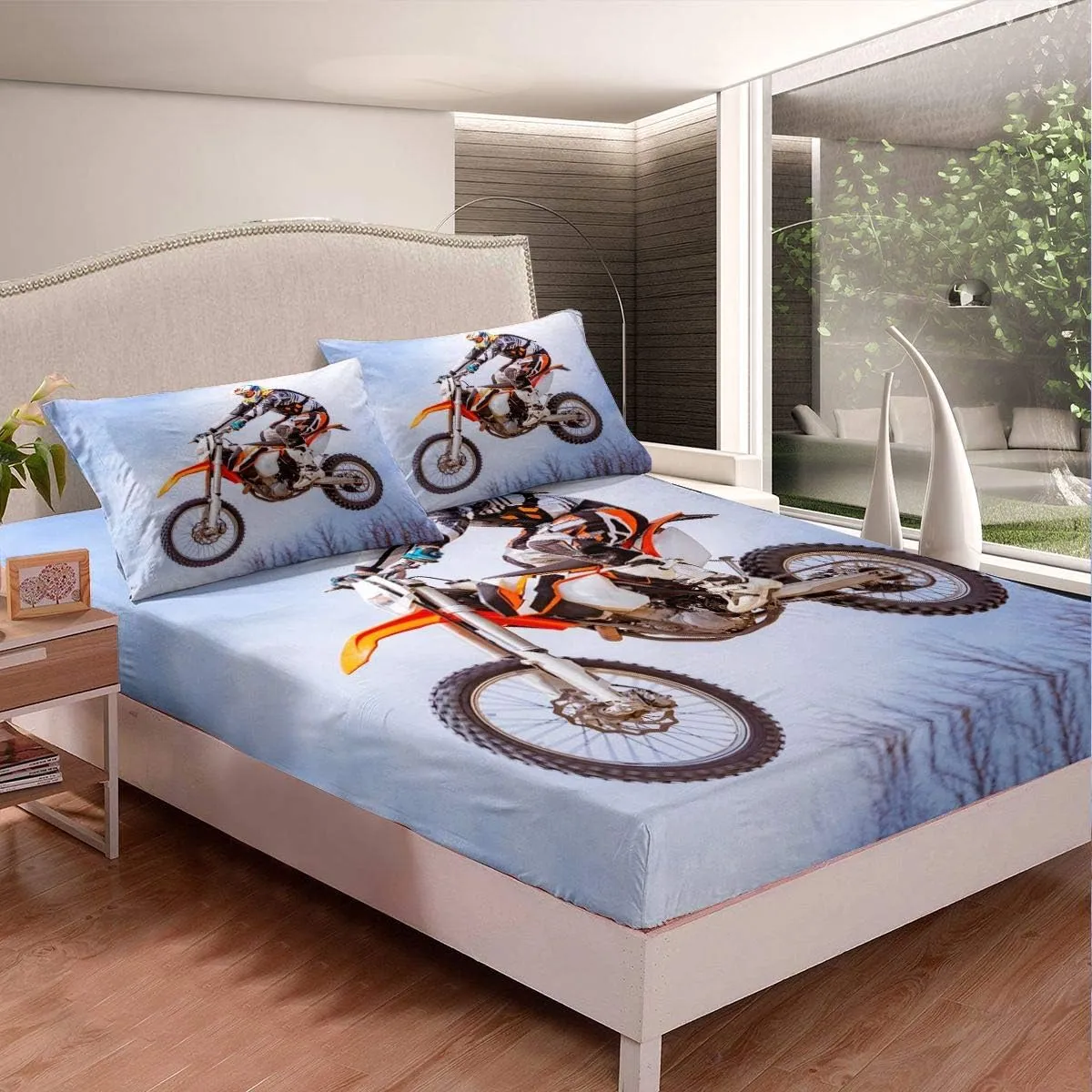Feelyou Motocross Rider Bed Sheet Set Extreme Sports Bedding Sheets Kids Boys Girls Motorcycle Bedding Fitted Sheet Dirt Bike Decor Bed Cover with 1 Flat Sheet 1 Fitted Sheet  2 Pillowcase Queen