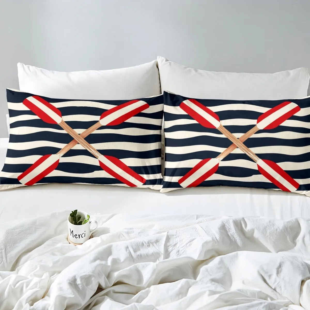 Feelyou Rowing Oar Fitted Sheet Queen Size Ocean Nautical Themed Bed Sheet Set Kids Boys Girls Navy Blue Geometric Stripes Bedding Set Coastal Sea Adventure Bed Cover Deep Pocket