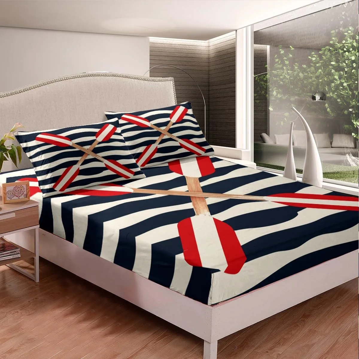 Feelyou Rowing Oar Fitted Sheet Queen Size Ocean Nautical Themed Bed Sheet Set Kids Boys Girls Navy Blue Geometric Stripes Bedding Set Coastal Sea Adventure Bed Cover Deep Pocket