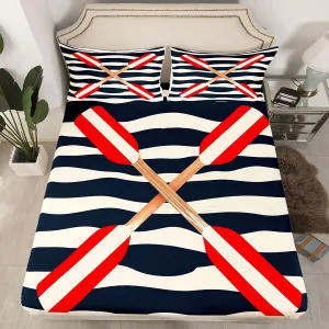 Feelyou Rowing Oar Fitted Sheet Queen Size Ocean Nautical Themed Bed Sheet Set Kids Boys Girls Navy Blue Geometric Stripes Bedding Set Coastal Sea Adventure Bed Cover Deep Pocket
