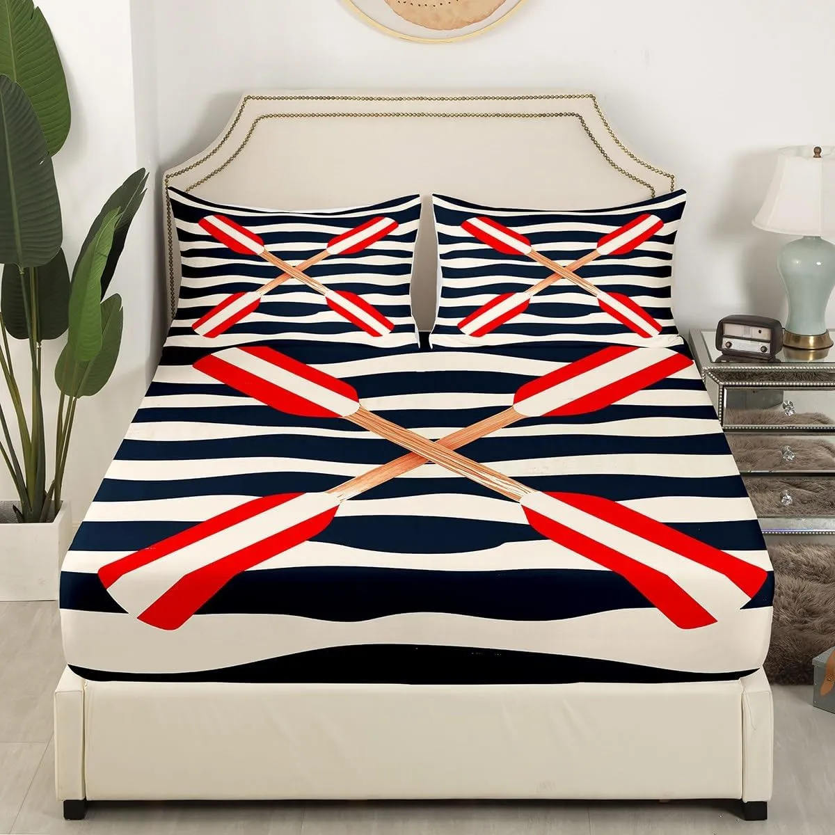 Feelyou Rowing Oar Fitted Sheet Queen Size Ocean Nautical Themed Bed Sheet Set Kids Boys Girls Navy Blue Geometric Stripes Bedding Set Coastal Sea Adventure Bed Cover Deep Pocket