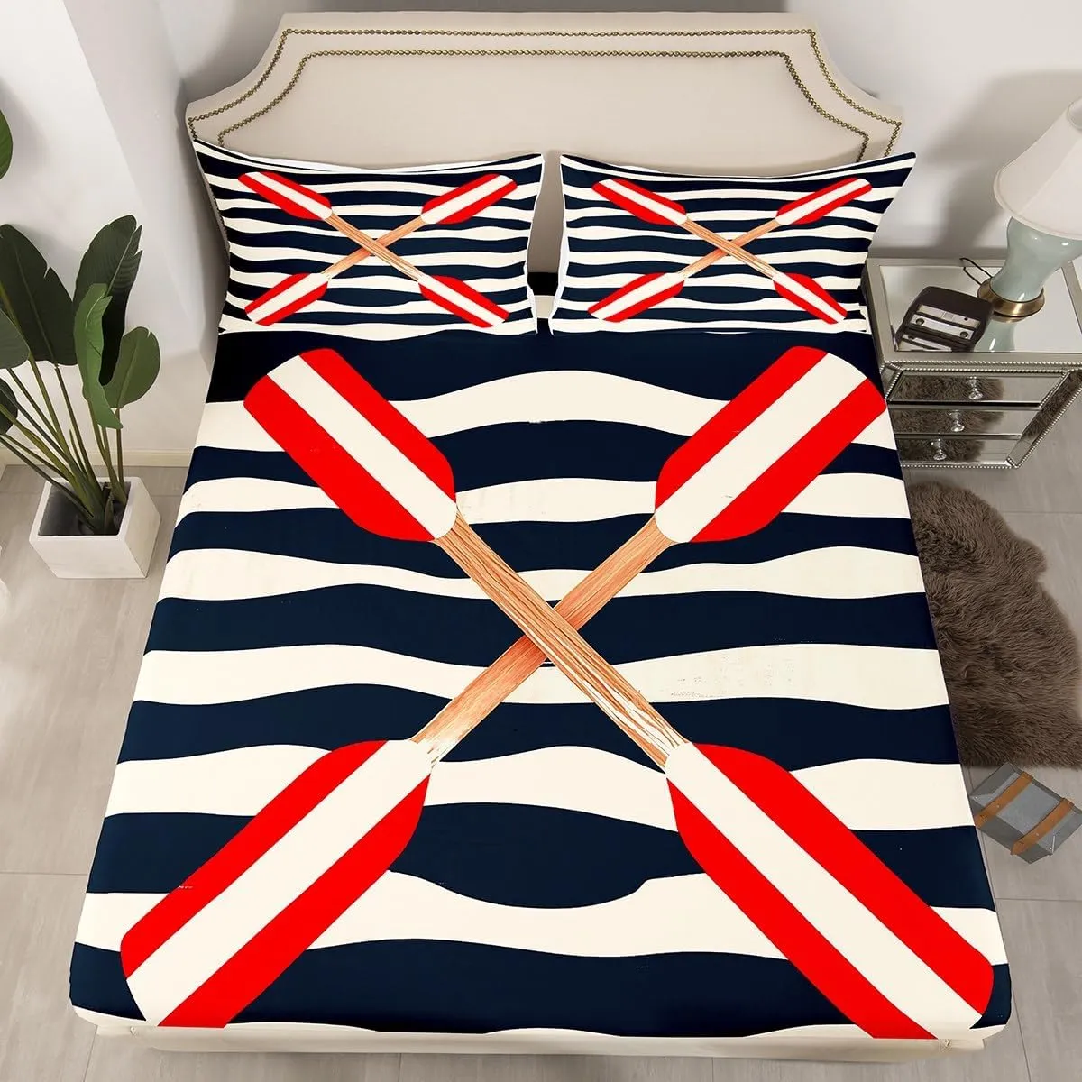 Feelyou Rowing Oar Fitted Sheet Queen Size Ocean Nautical Themed Bed Sheet Set Kids Boys Girls Navy Blue Geometric Stripes Bedding Set Coastal Sea Adventure Bed Cover Deep Pocket