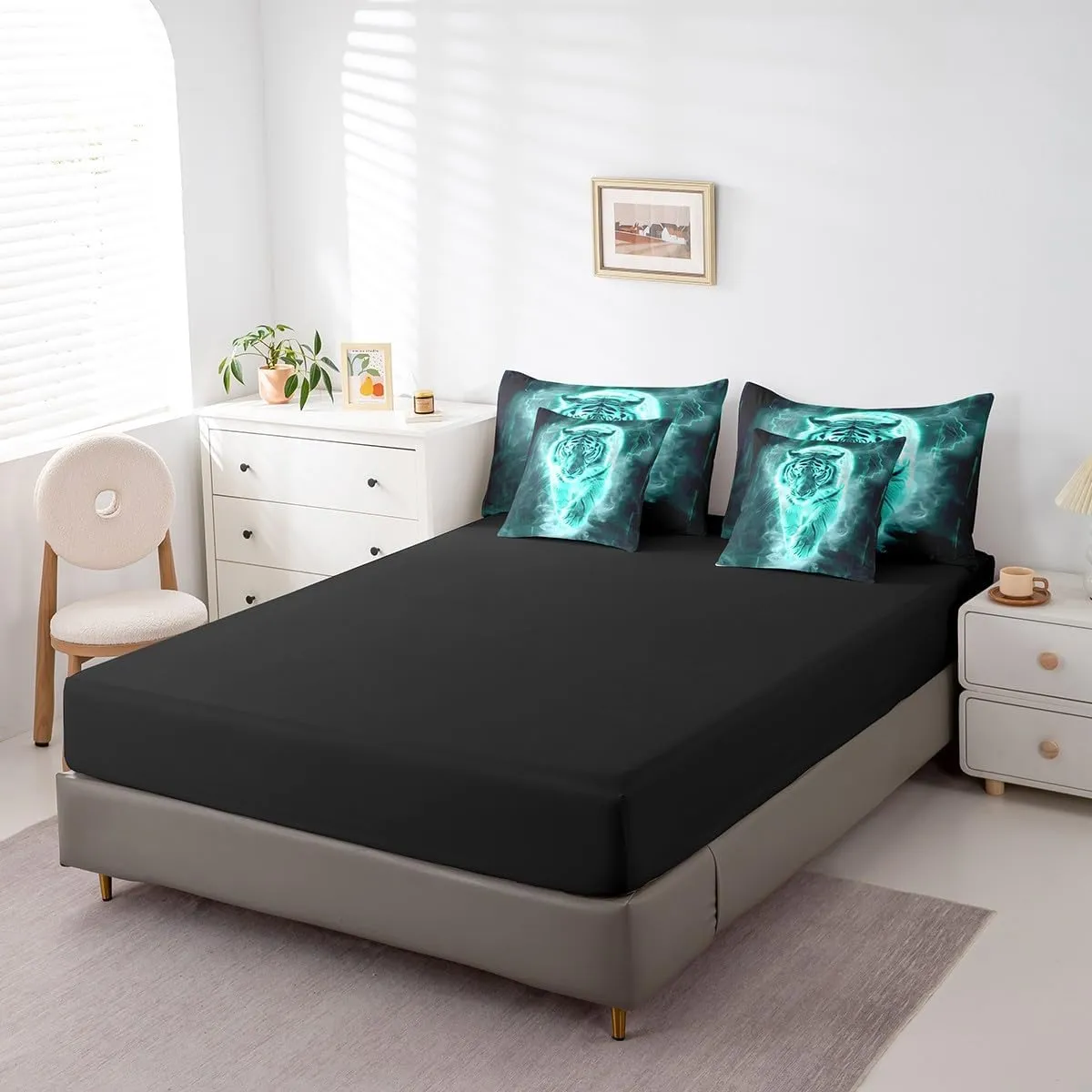 Feelyou Tiger Comforter Set with Sheets Full Size Kids Lightning Bed in a Bag for Boys Girls Teens Wildlife 7 Pieces Bedding Set Breathable Bluish Bed Set Room Decor