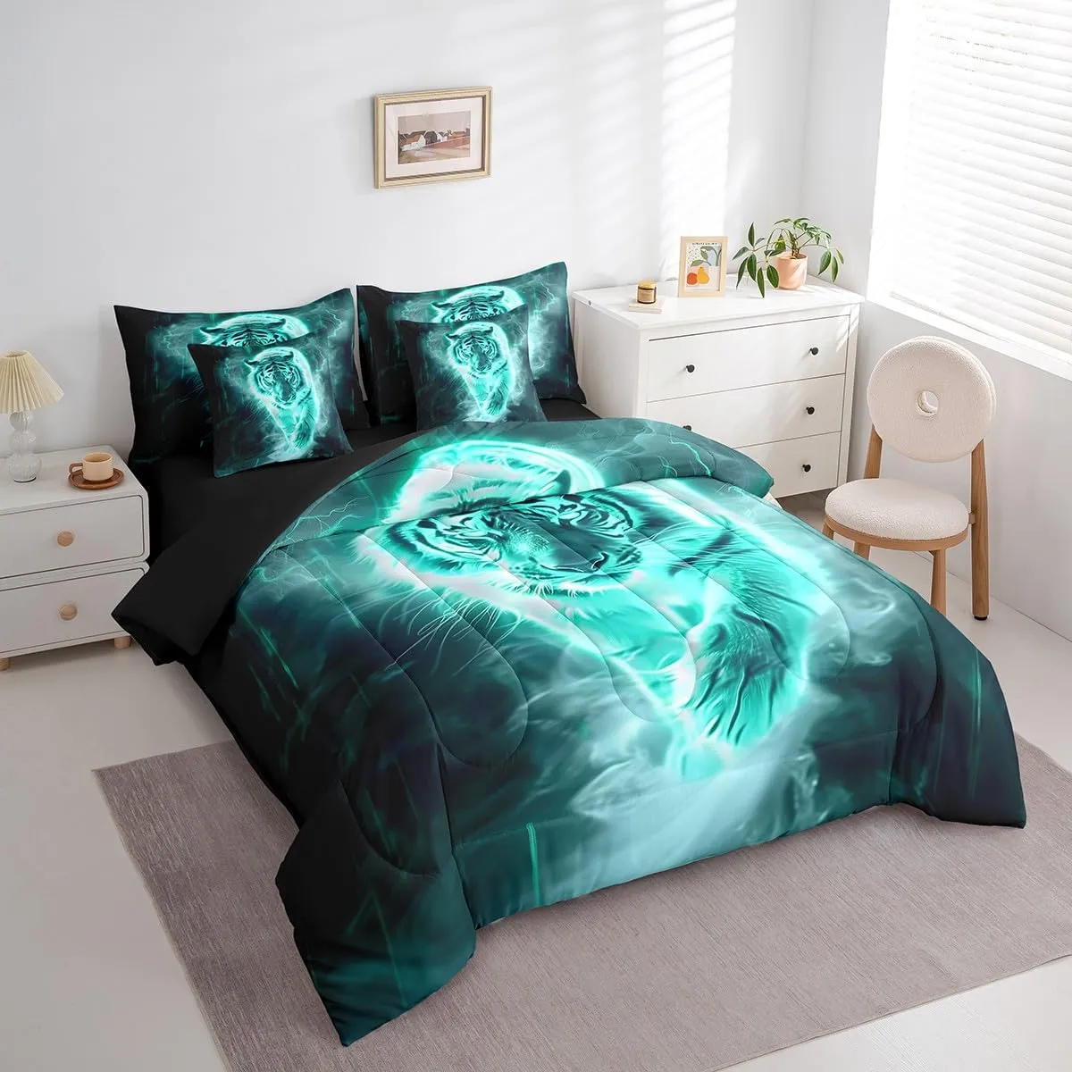 Feelyou Tiger Comforter Set with Sheets Full Size Kids Lightning Bed in a Bag for Boys Girls Teens Wildlife 7 Pieces Bedding Set Breathable Bluish Bed Set Room Decor