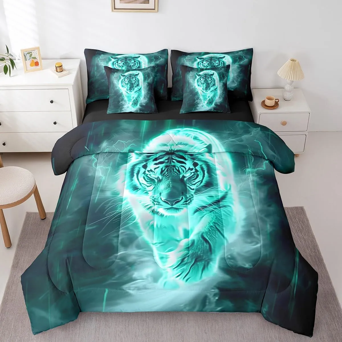 Feelyou Tiger Comforter Set with Sheets Full Size Kids Lightning Bed in a Bag for Boys Girls Teens Wildlife 7 Pieces Bedding Set Breathable Bluish Bed Set Room Decor