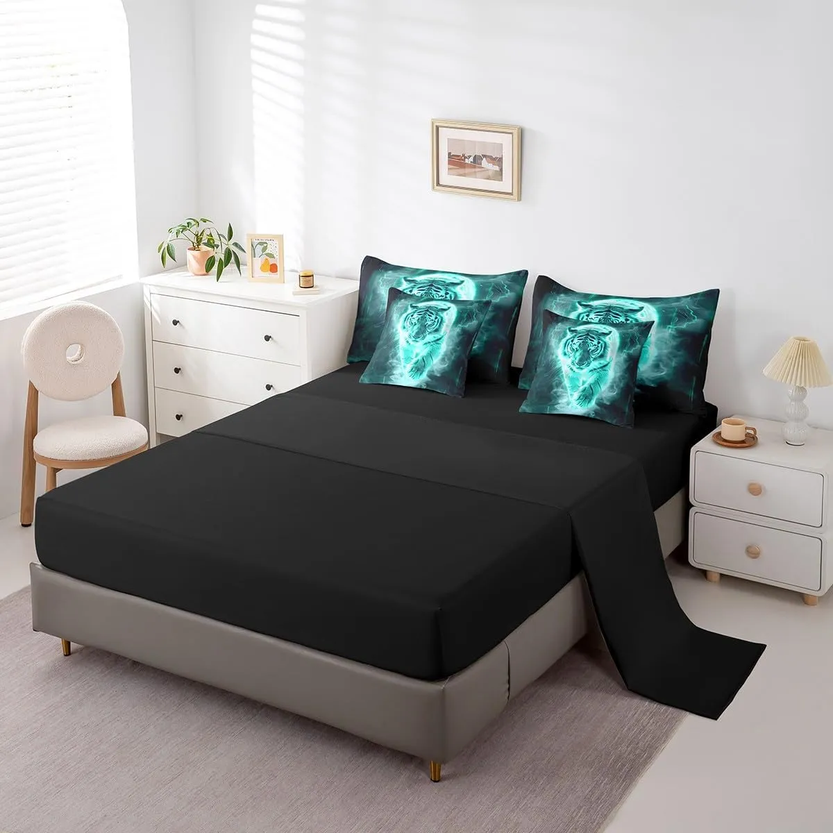 Feelyou Tiger Comforter Set with Sheets Full Size Kids Lightning Bed in a Bag for Boys Girls Teens Wildlife 7 Pieces Bedding Set Breathable Bluish Bed Set Room Decor
