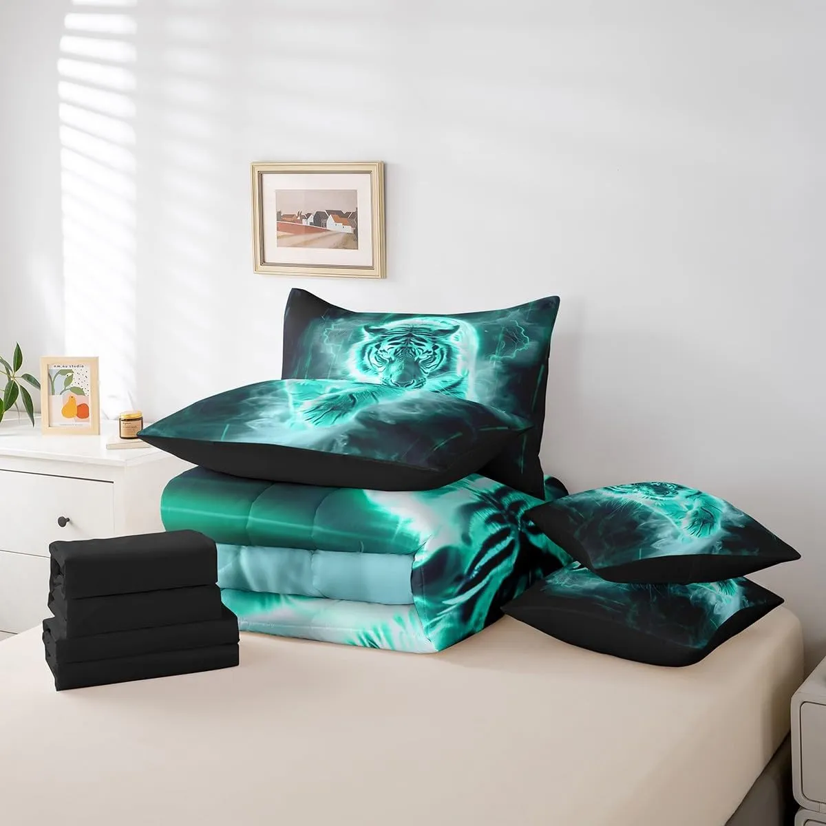 Feelyou Tiger Comforter Set with Sheets Full Size Kids Lightning Bed in a Bag for Boys Girls Teens Wildlife 7 Pieces Bedding Set Breathable Bluish Bed Set Room Decor