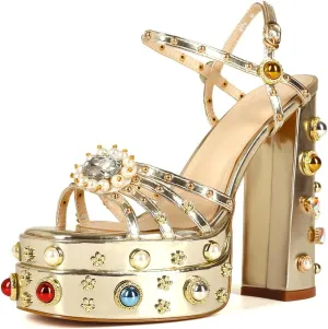Feinlina Women Rhinestone High Chunky Platform Open Toe Block Heels Gems Detail Fashion Green Pink Floral Print Embroidery Ankle Strap Dress Wedding Party Pump Sandals