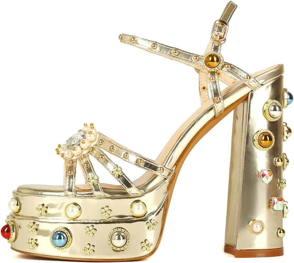 Feinlina Women Rhinestone High Chunky Platform Open Toe Block Heels Gems Detail Fashion Green Pink Floral Print Embroidery Ankle Strap Dress Wedding Party Pump Sandals