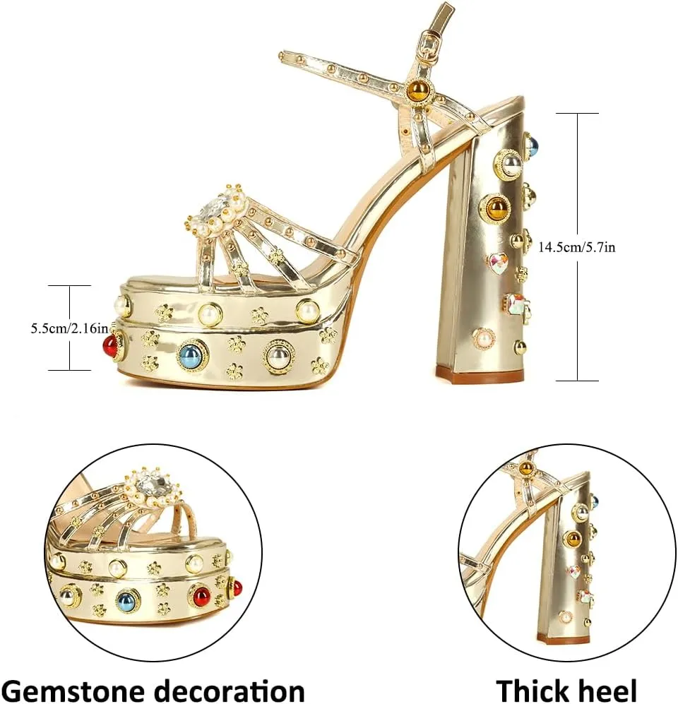 Feinlina Women Rhinestone High Chunky Platform Open Toe Block Heels Gems Detail Fashion Green Pink Floral Print Embroidery Ankle Strap Dress Wedding Party Pump Sandals