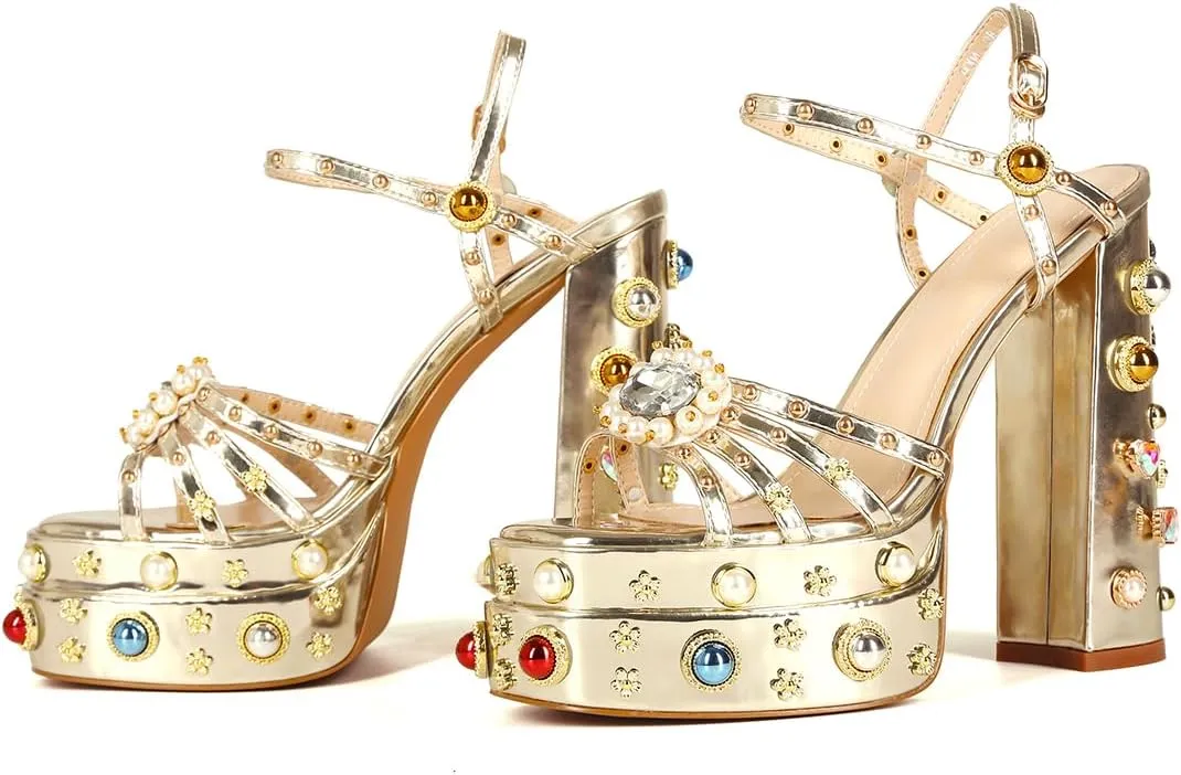 Feinlina Women Rhinestone High Chunky Platform Open Toe Block Heels Gems Detail Fashion Green Pink Floral Print Embroidery Ankle Strap Dress Wedding Party Pump Sandals