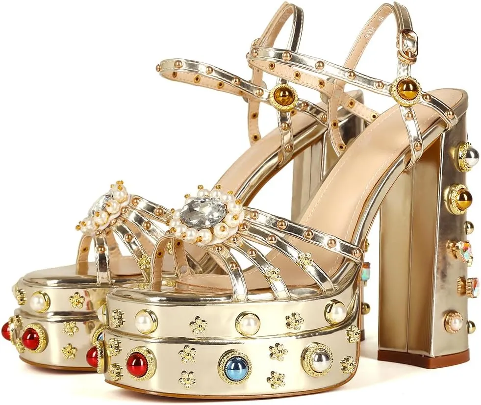 Feinlina Women Rhinestone High Chunky Platform Open Toe Block Heels Gems Detail Fashion Green Pink Floral Print Embroidery Ankle Strap Dress Wedding Party Pump Sandals