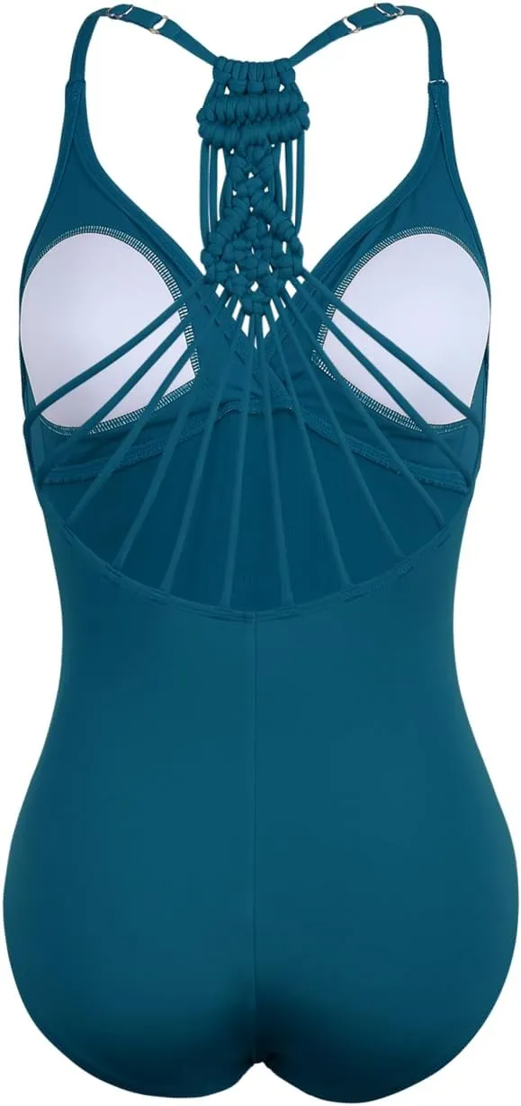Firpearl Women's Tummy Control One Piece Bathing Suits V Neck Swimsuits Hand-Braid Macrame Ruched Slimming Swimwear