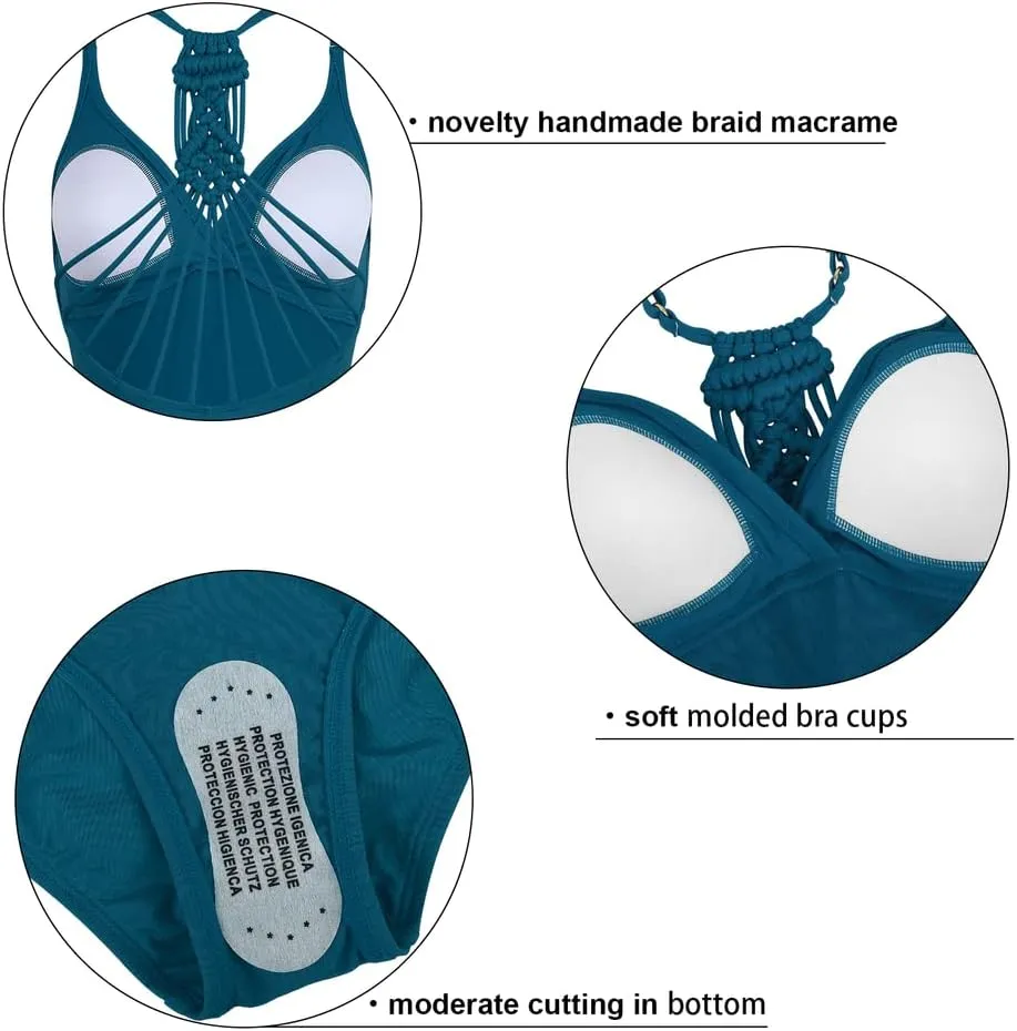 Firpearl Women's Tummy Control One Piece Bathing Suits V Neck Swimsuits Hand-Braid Macrame Ruched Slimming Swimwear
